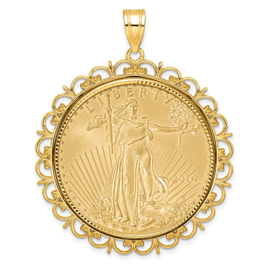 14K Yellow Gold Wideband Distinguished Coin Jewelry 14Ky Fancy Diamond-Cut Prong Mounted 1Oz American Eagle Bezel Pendant