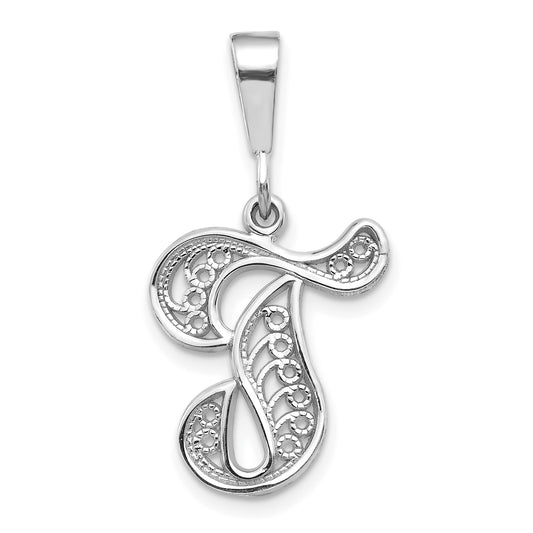 14K White Gold 14Kw Solid Polished Script Filigree Letter T Initial Pendant