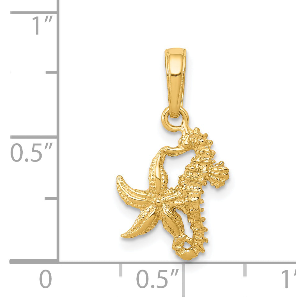 14K Yellow Gold Solid Seahorse And Starfish Pendant