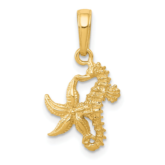 14K Yellow Gold Solid Seahorse And Starfish Pendant