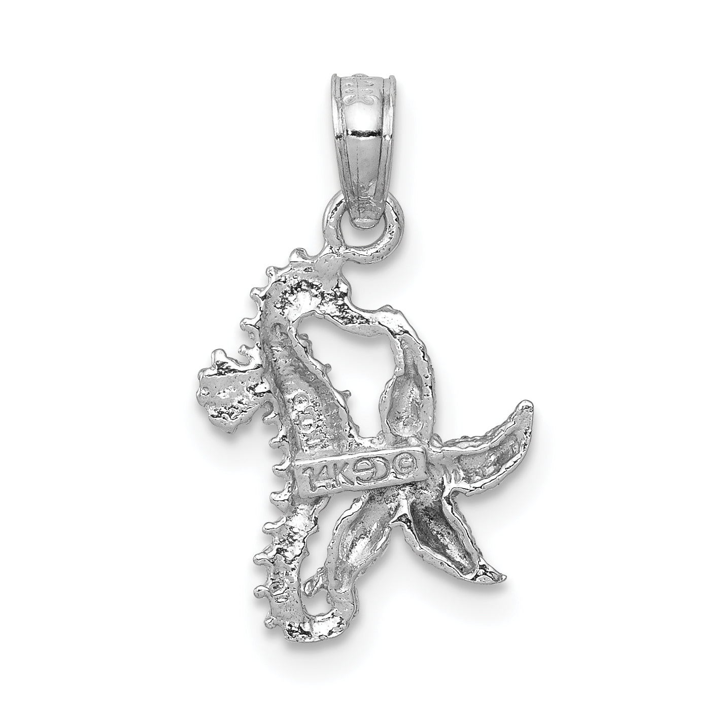 14K White Gold Solid Seahorse And Starfish Pendant