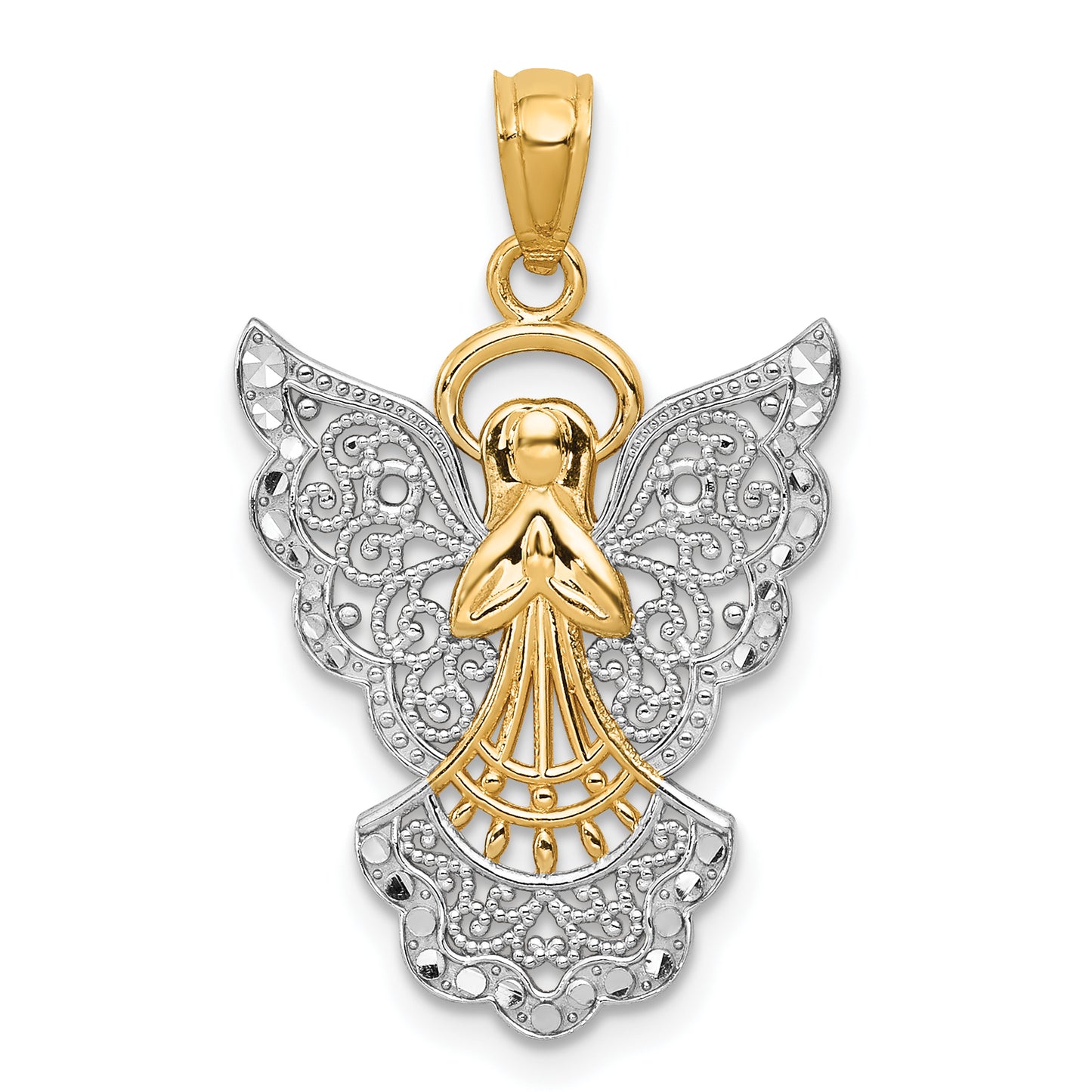 14K Yellow & Rhodium W/Rhodium Filigree Angel Pendant