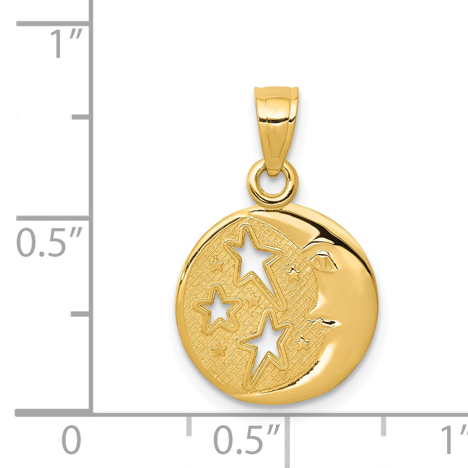 14K Yellow Gold Polished Flat-Backed Moon With Three Stars Pendant