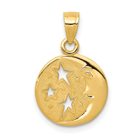 14K Yellow Gold Polished Flat-Backed Moon With Three Stars Pendant