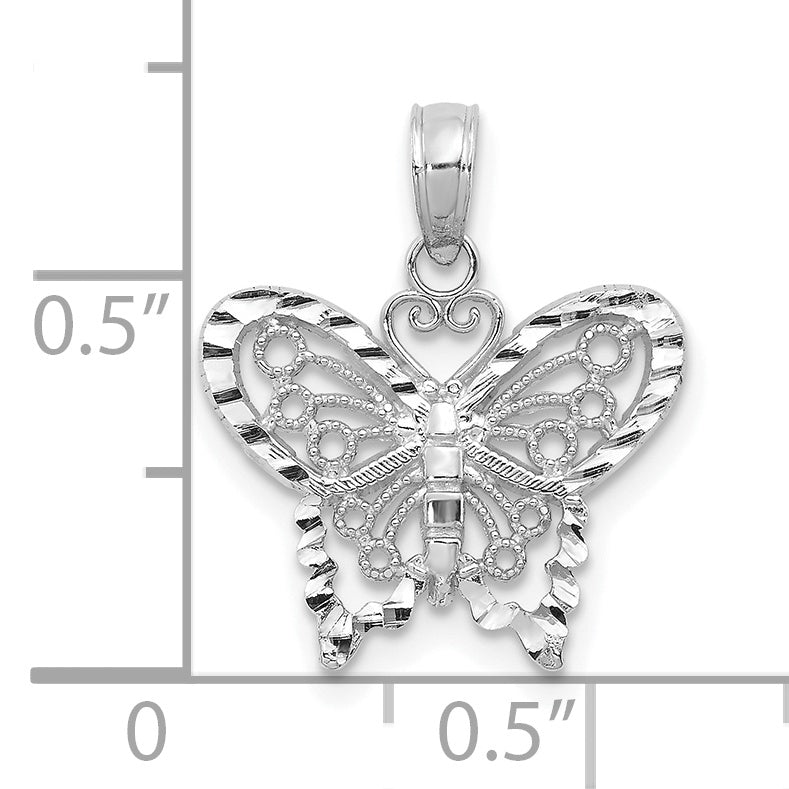 14K White Gold Diamond-Cut Butterfly Pendant