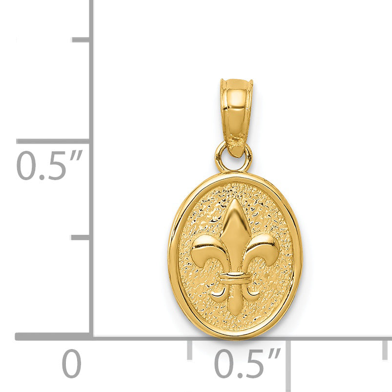 14K Yellow Gold Polished Small Fleur De Lis In Oval Pendant