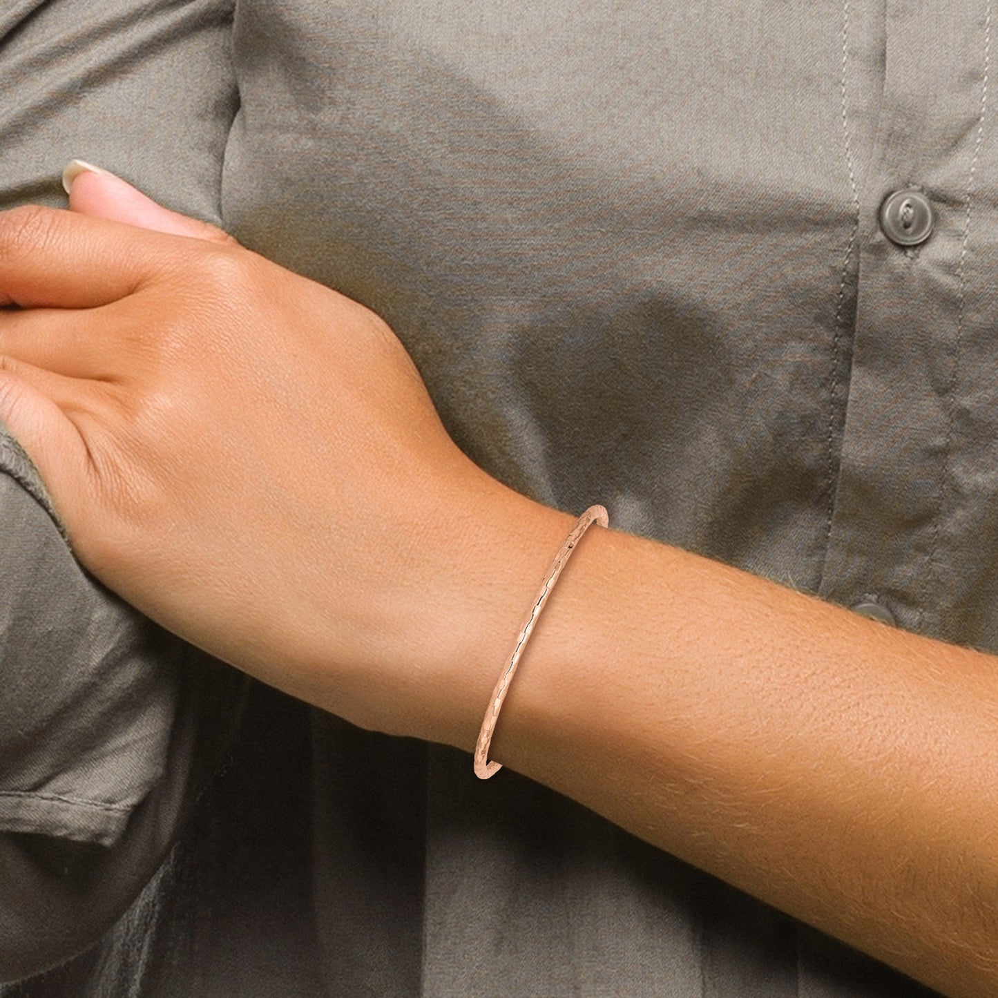 8 Inch 14K Rose Gold Polished Textured Slip-On Bangle Bracelet