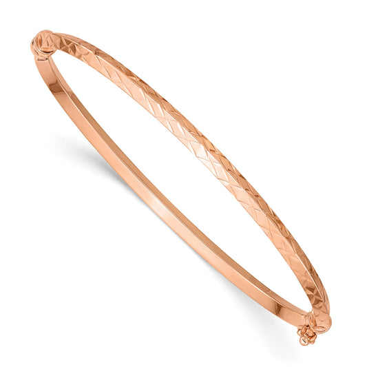 7 Inch 14K Rose Gold Polished Diamond-Cut Hinged Bangle Bracelet