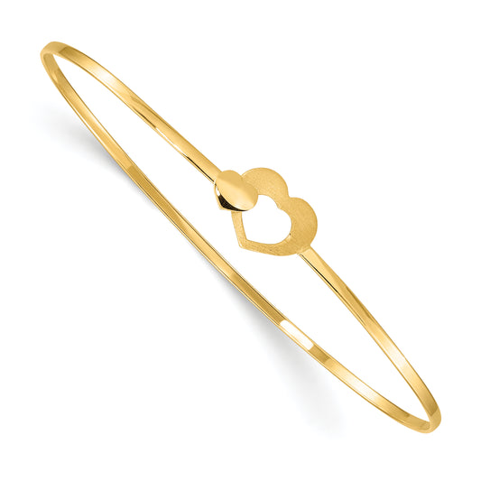 14K Yellow Gold Brushed And Polished Hearts Flexible Bangle