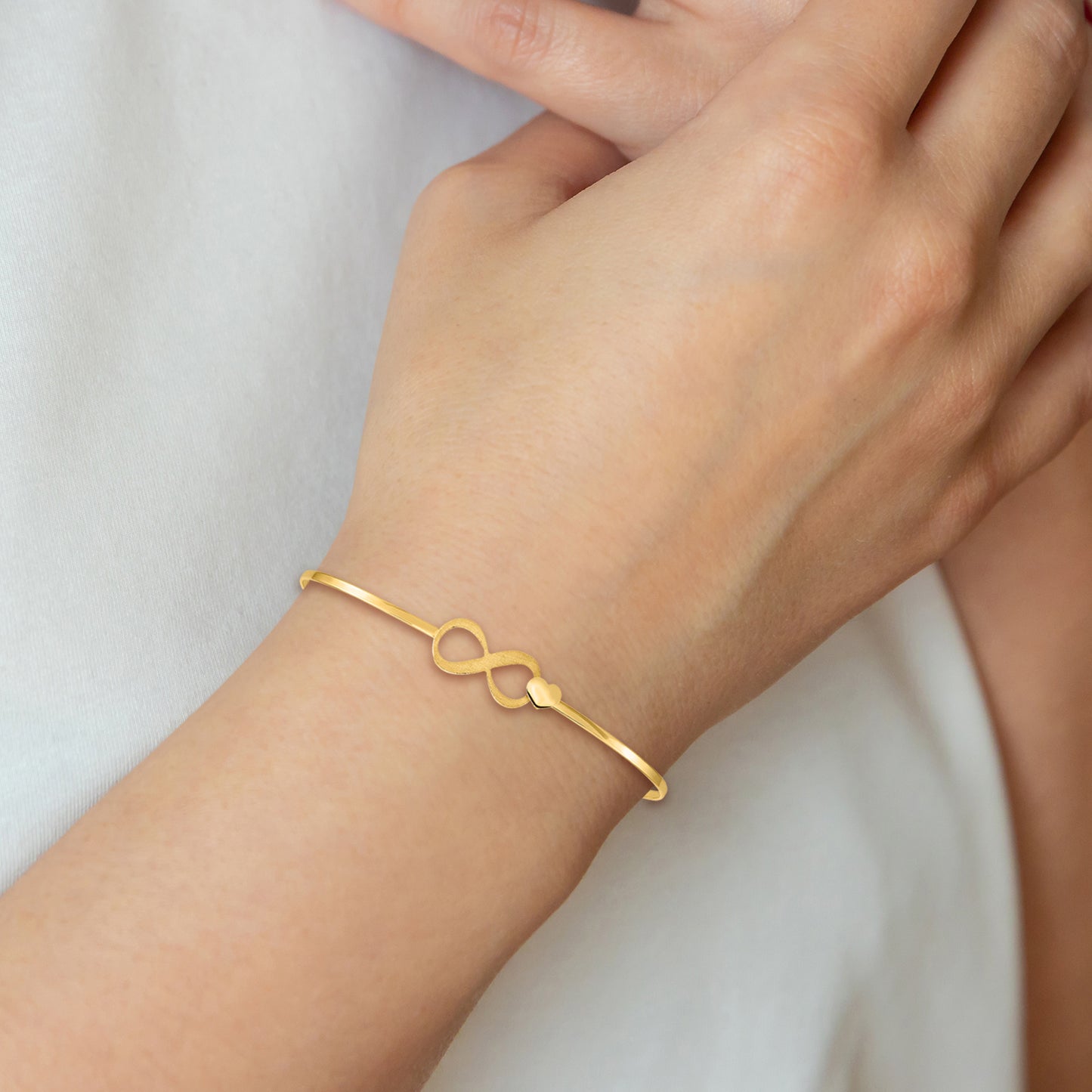 14K Yellow Gold Brushed And Polished Infinity Heart Flexible Bangle