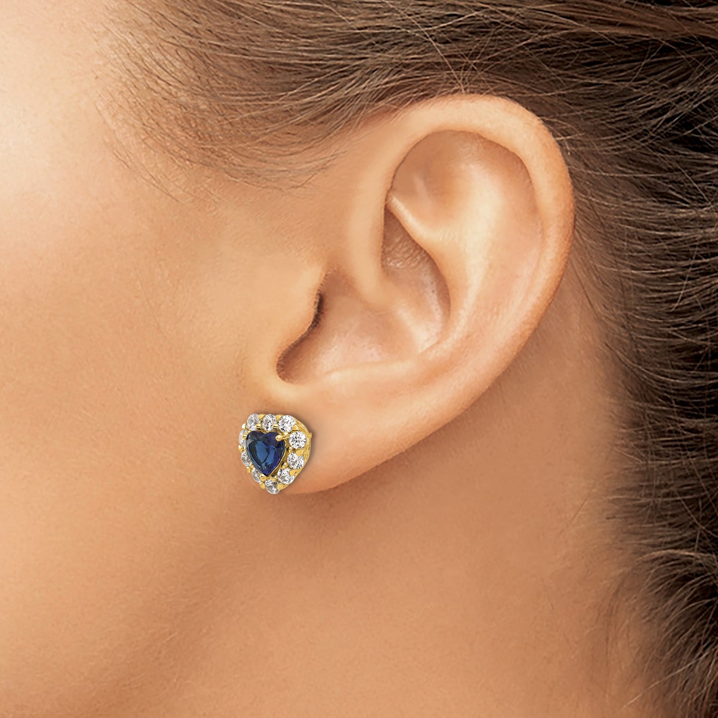 14k Yellow Gold 1 1/3 Ct. Lab Grown Diamond VS/SI+ G+ and Created Sapphire Halo Heart Post Earrings