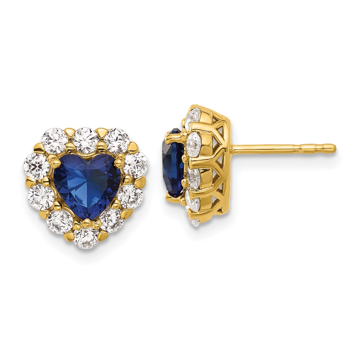 14k Yellow Gold 1 1/3 Ct. Lab Grown Diamond VS/SI+ G+ and Created Sapphire Halo Heart Post Earrings