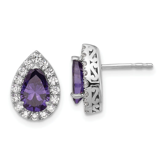 14K White Gold Lab Grown VS/SI FGH Diamond and Amethyst Pear Post Earrings