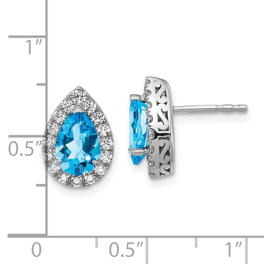 14K White Gold Lab Grown VS/SI FGH Diamond and Blue Topaz Pear Post Earrings