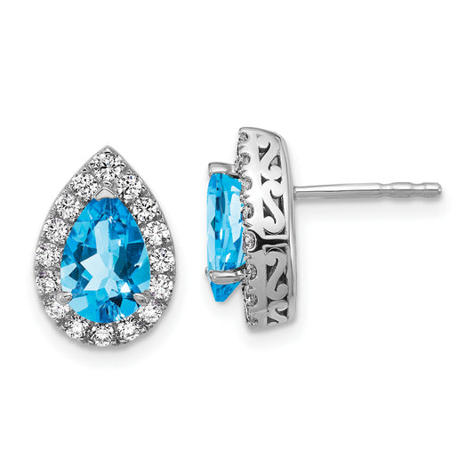 14K White Gold Lab Grown VS/SI FGH Diamond and Blue Topaz Pear Post Earrings