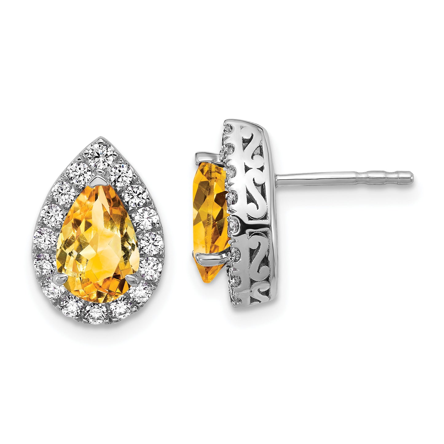 14K White Gold Lab Grown VS/SI FGH Diamond and Citrine Pear Post Earrings