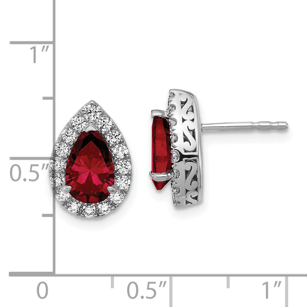 14K White Gold Lab Grown VS/SI FGH Diamond and Garnet Pear Post Earrings