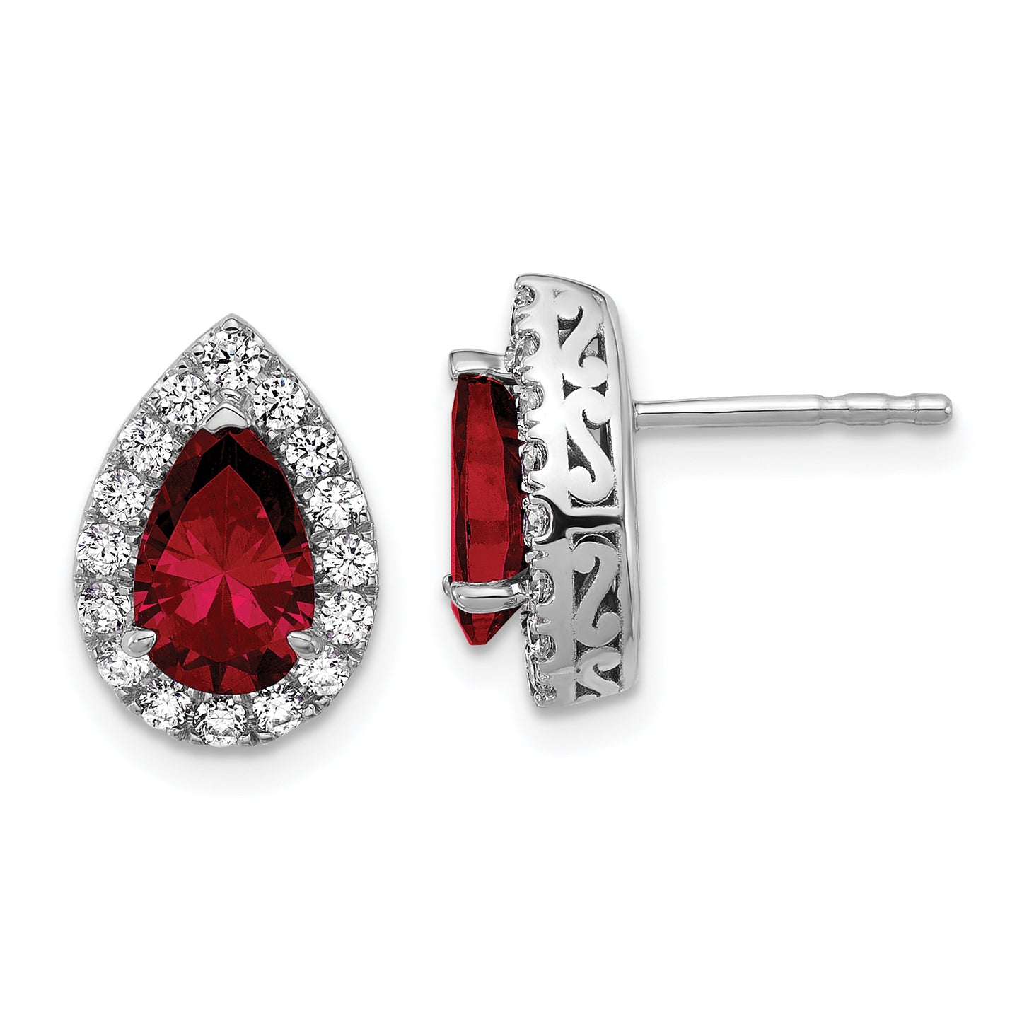 14K White Gold Lab Grown VS/SI FGH Diamond and Garnet Pear Post Earrings