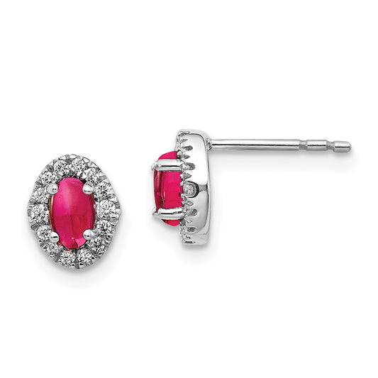 14k White Gold 1/6 carat Lab Grown Diamond VS/SI+ G+ and Oval Created Ruby Complete Halo Post Earrings