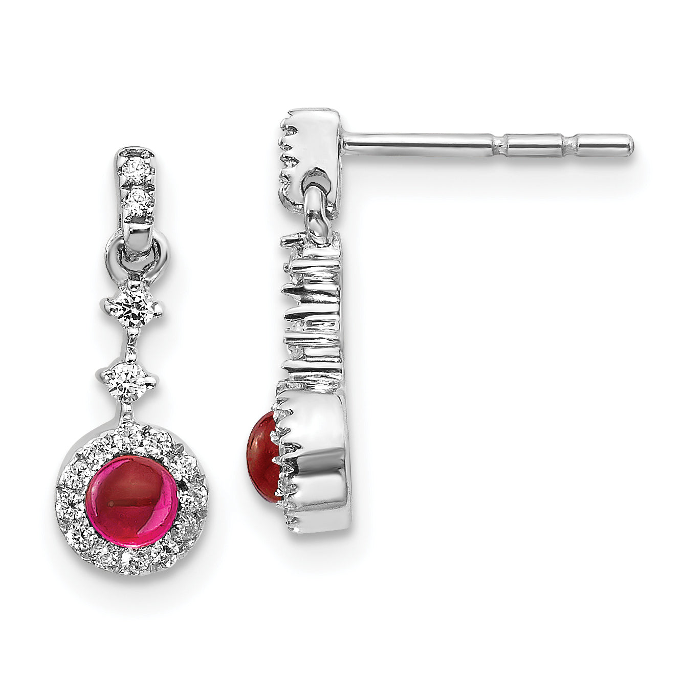 14k White Gold 1/6 Ct. Lab Grown Diamond VS/SI+ G+ and Cabochon Created Ruby Dangle Post Earrings