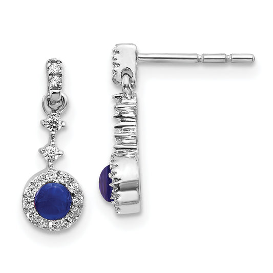 14k White Gold 1/6 Ct. Lab Grown Diamond VS/SI+ G+ and Cabochon Created Sapphire Dangle Post Earrings