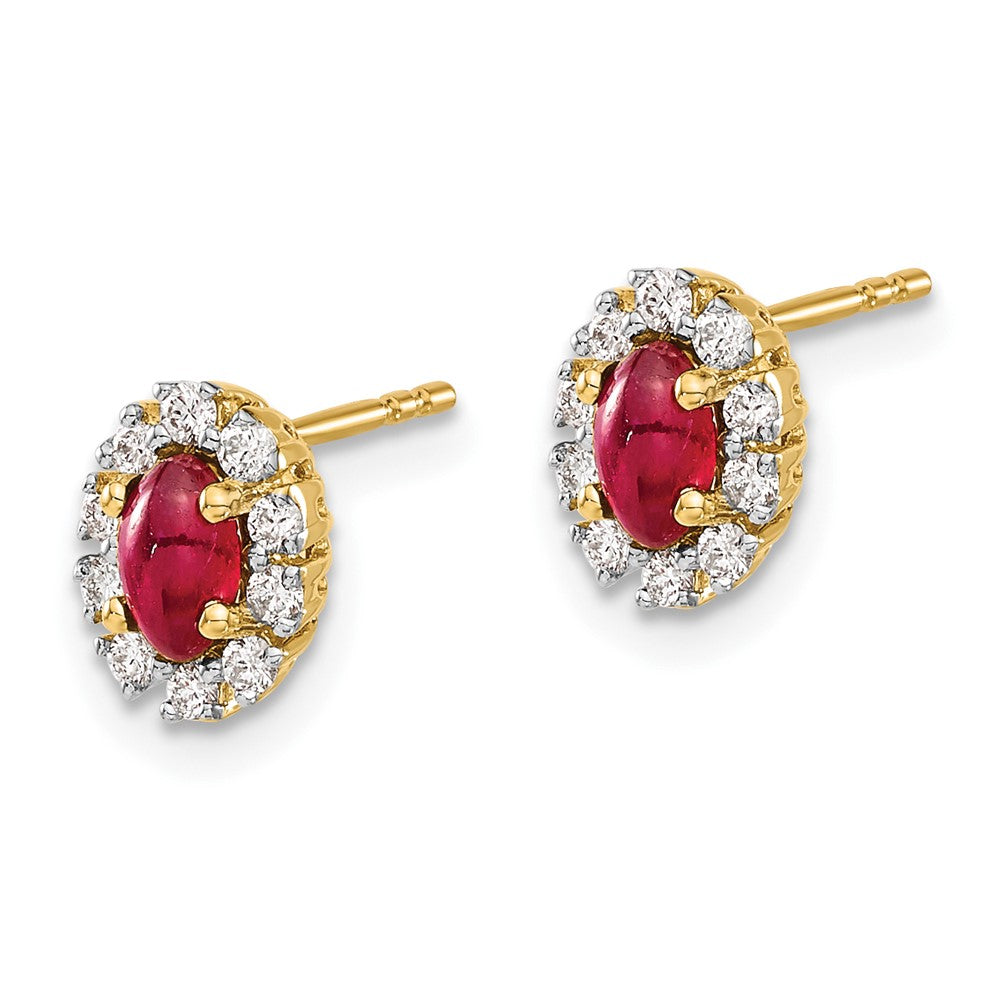 14k Yellow Gold 1/5 Ct. Lab Grown Diamond VS/SI+ G+ and Oval Created Ruby Complete Halo Post Earrings