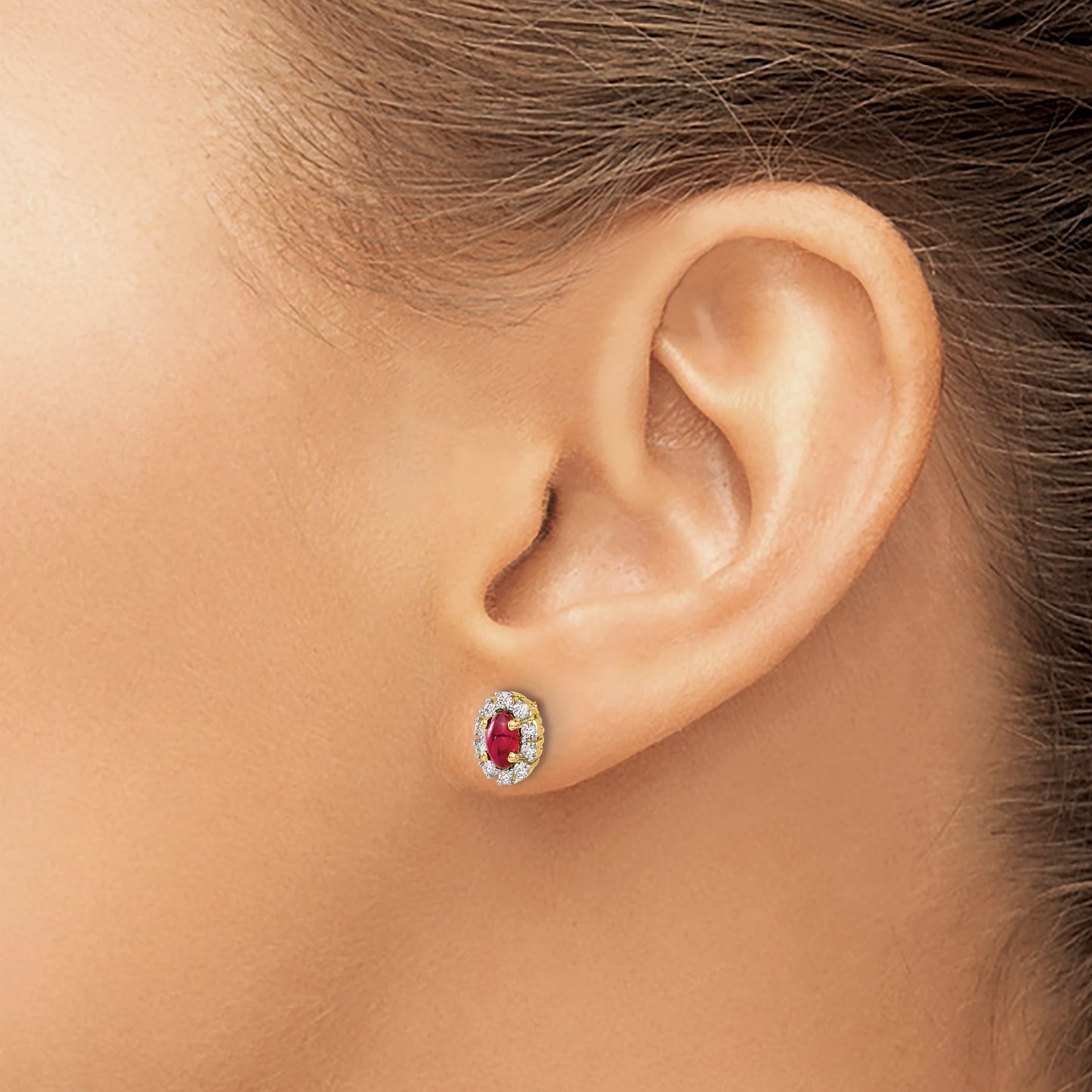 14k Yellow Gold 1/5 Ct. Lab Grown Diamond VS/SI+ G+ and Oval Created Ruby Halo Post Earrings