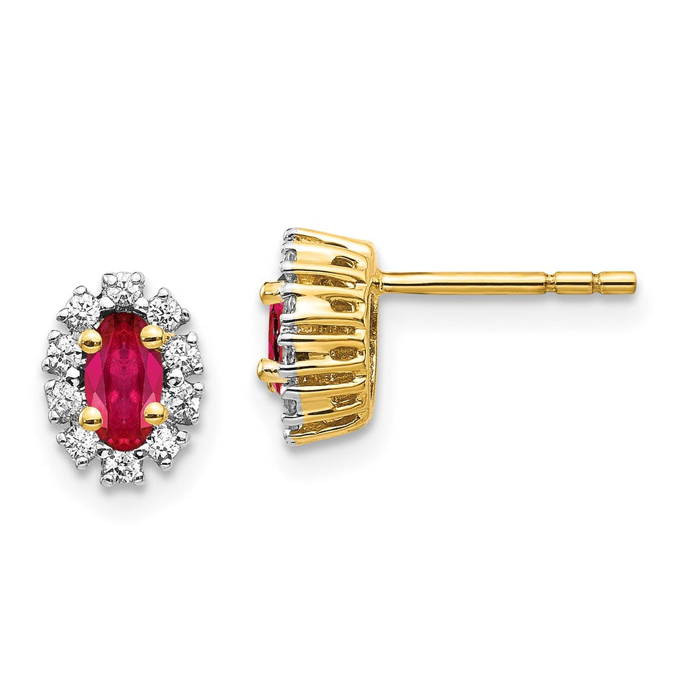 14k Yellow Gold 1/5 Ct. Lab Grown Diamond VS/SI+ G+ and Oval Created Ruby Complete Halo Post Earrings