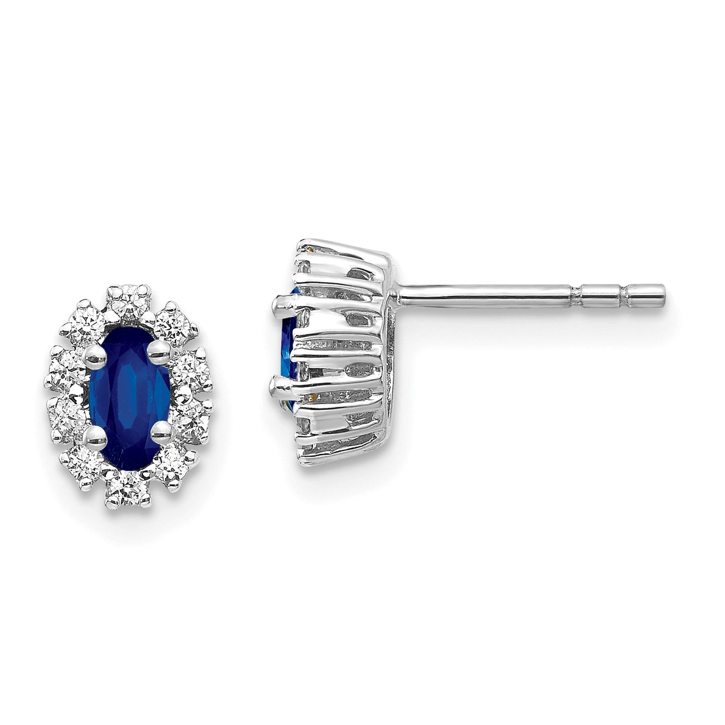 14k White Gold 1/5 Ct. Lab Grown Diamond VS/SI+ G+ and Oval Created Sapphire Halo Post Earrings