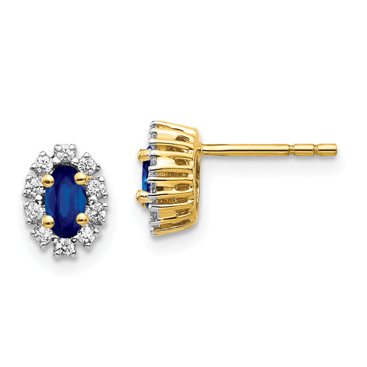 14k Yellow Gold 1/5 Ct. Lab Grown Diamond VS/SI+ G+ and Oval Created Sapphire Halo Post Earrings