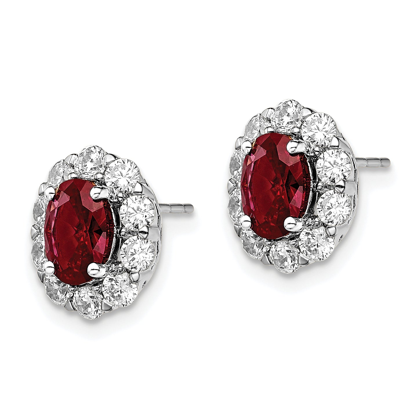 14k White Gold 1 1/5 Ct. Lab Grown Diamond VS/SI+ G+ and Oval Created Ruby Halo Post Earrings