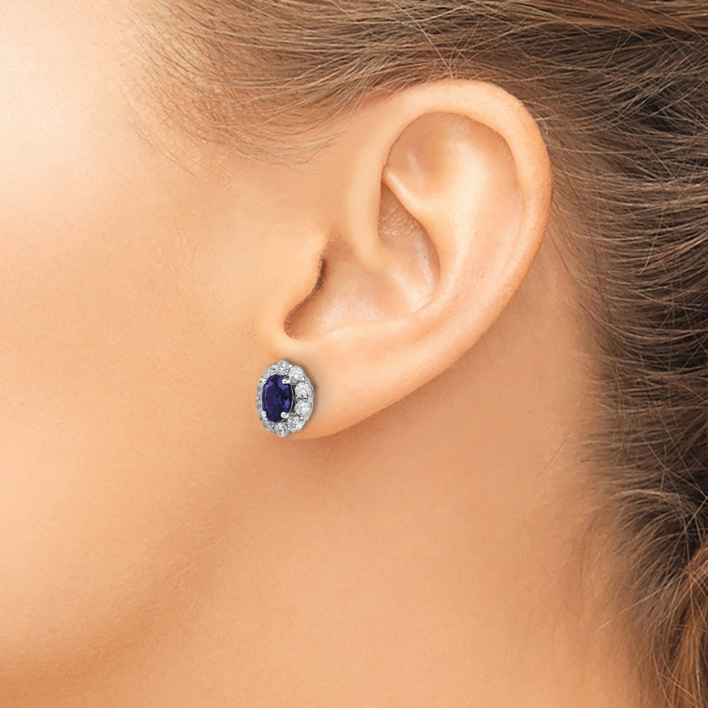 14k White Gold 1 1/5 Ct. Lab Grown Diamond VS/SI+ G+ and Oval Created Sapphire Halo Post Earrings