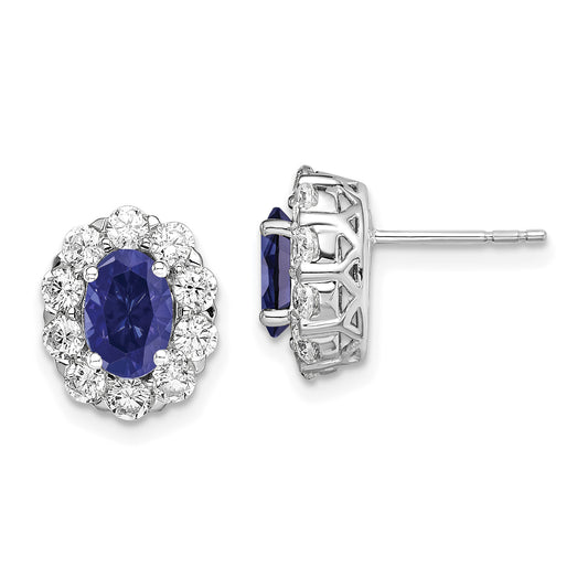 14k White Gold 1 1/5 Ct. Lab Grown Diamond VS/SI+ G+ and Oval Created Sapphire Halo Post Earrings