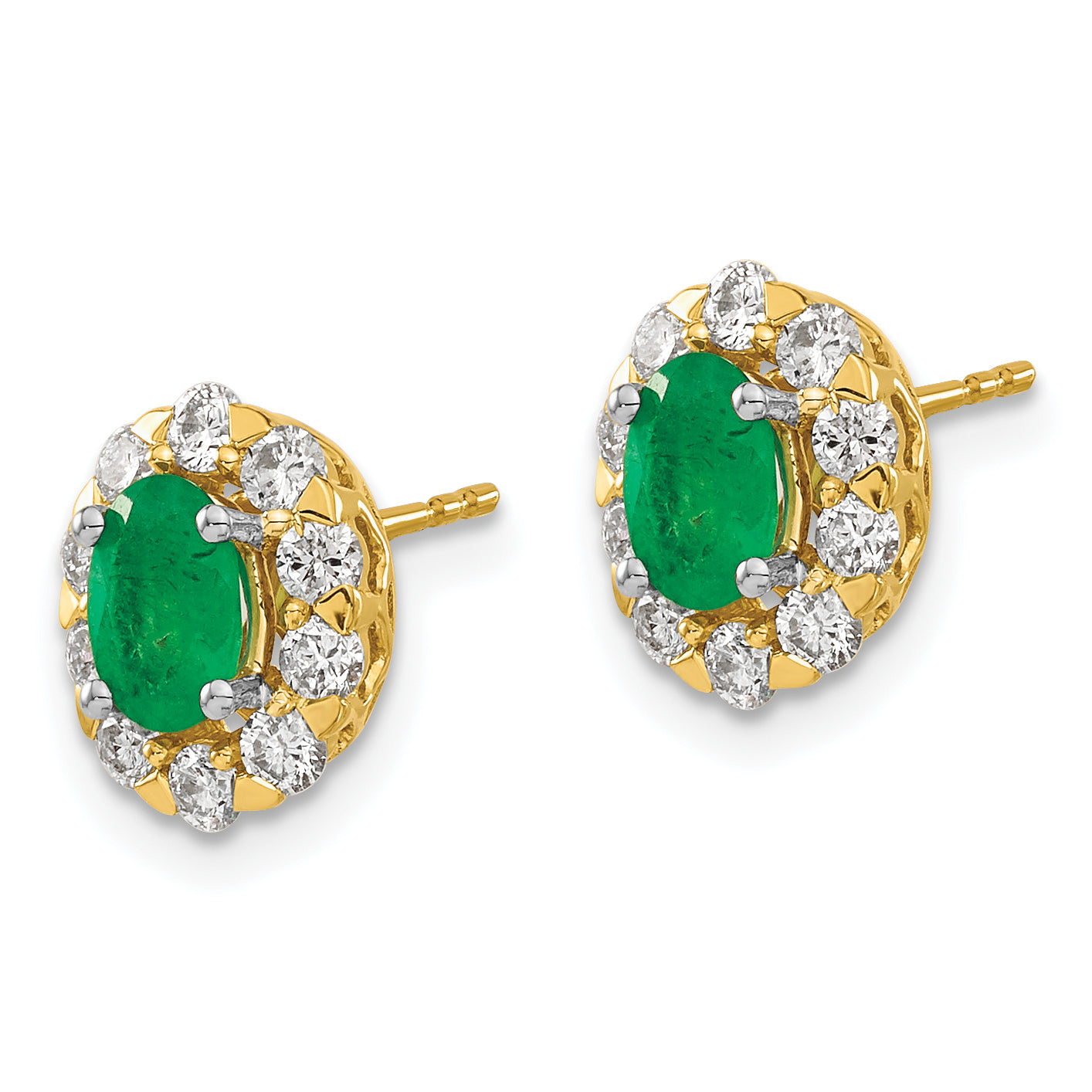 14k Yellow Gold 5/8 Ct. Lab Grown Diamond VS/SI+ G+ and Oval Created Emerald Halo Post Earrings