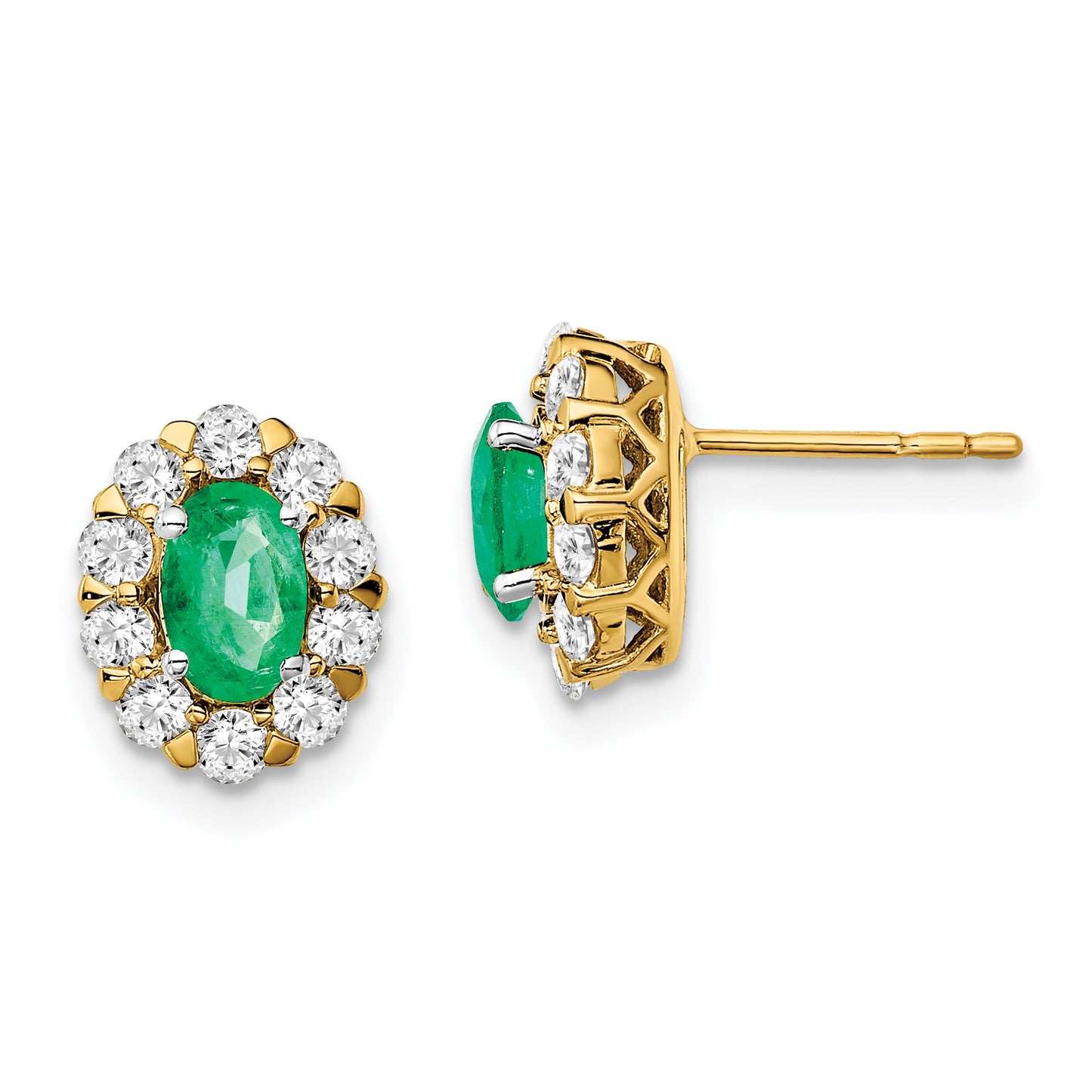 14k Yellow Gold 5/8 Ct. Lab Grown Diamond VS/SI+ G+ and Oval Created Emerald Halo Post Earrings