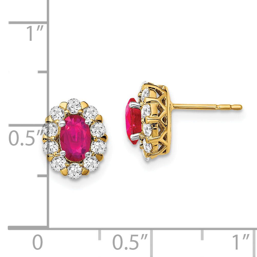 14k Yellow Gold 3/4 Ct. Lab Grown Diamond VS/SI+ G+ and Oval Created Ruby Halo Post Earrings