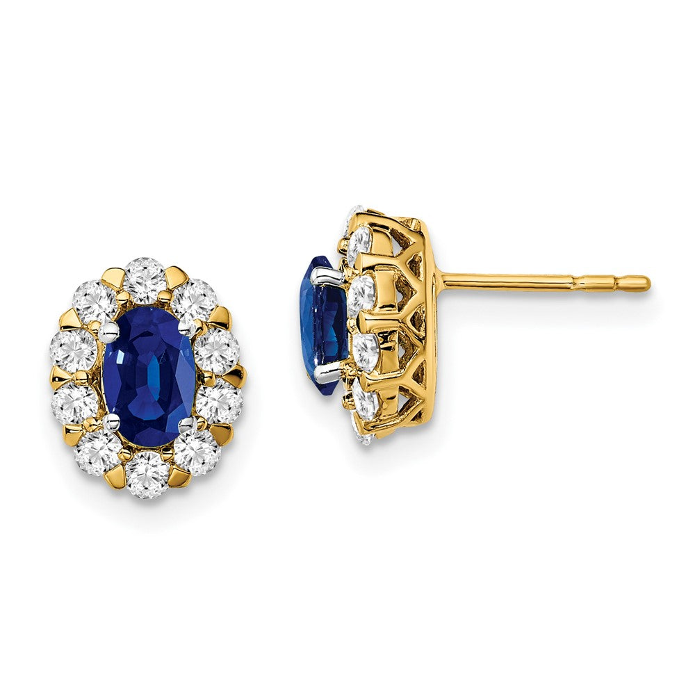 14k Yellow Gold 5/8 Ct. Lab Grown Diamond VS/SI+ G+ and Oval Created Sapphire Halo Post Earrings