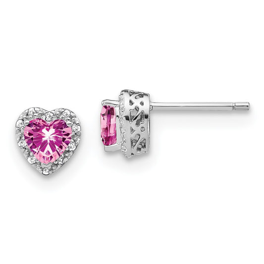 Pure Serenity 14k White Gold 1/10 carat Lab Grown Diamond VS/SI+ G+ and Heart Lab Created Pink Sapphire Post Earrings