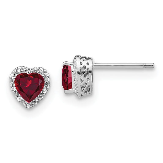 14k White Gold 1/10 carat Lab Grown Diamond VS/SI+ G+ and Created Ruby Complete Heart Halo Post Earrings