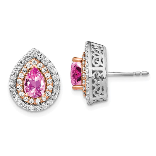 14K White/Rose Gold 14k Two Tone 7/8 carat Lab Grown Diamond VS/SI+ G+ and Lab Created Pink Sapphire Fancy Teardrop Post Earrings