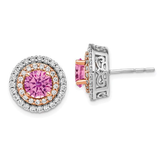 14K White/Rose Gold Two Tone 1 Ct. Lab Grown Diamond VS/SI+ G+ and Lab Created Pink Sapphire Round Post Earrings