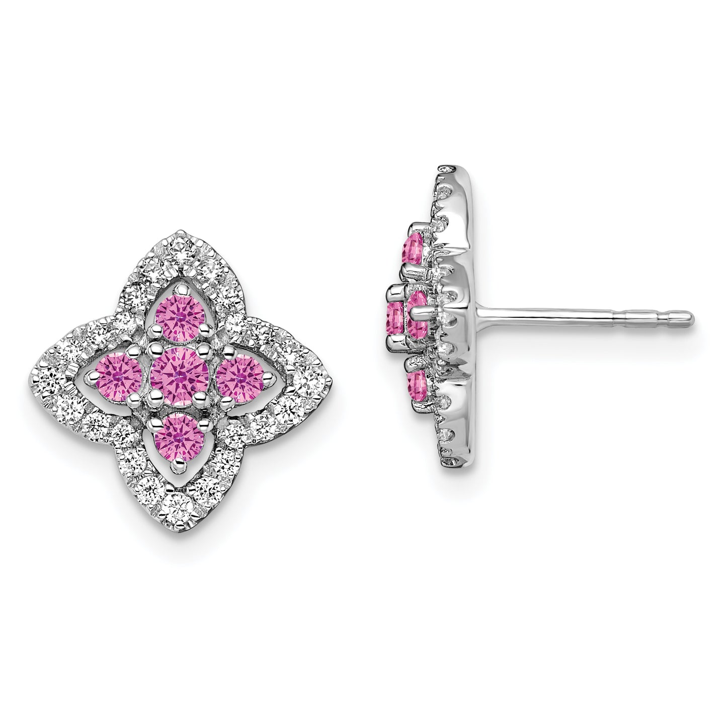 14k White Gold Two Tone 1/3 Ct. Lab Grown Diamond VS/SI+ G+ and Lab Created Pink Sapphire Fancy Post Earrings