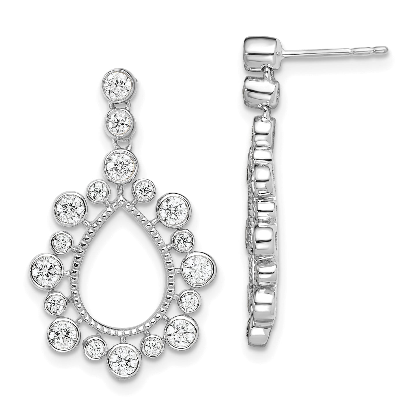 14k White Gold 1 1/8 Ct. Lab Grown Diamond VS/SI+ G+ Teardrop Bezel Post Dangle Earrings