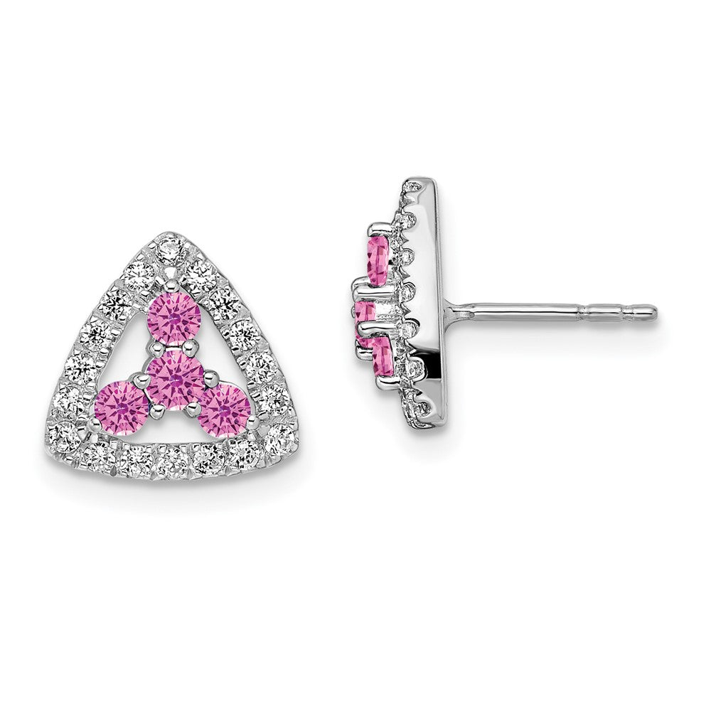 Pure Serenity 14k White Gold 3/8 carat Lab Grown Diamond VS/SI+ G+ and Lab Created Pink Sapphire Triangle Post Earrings