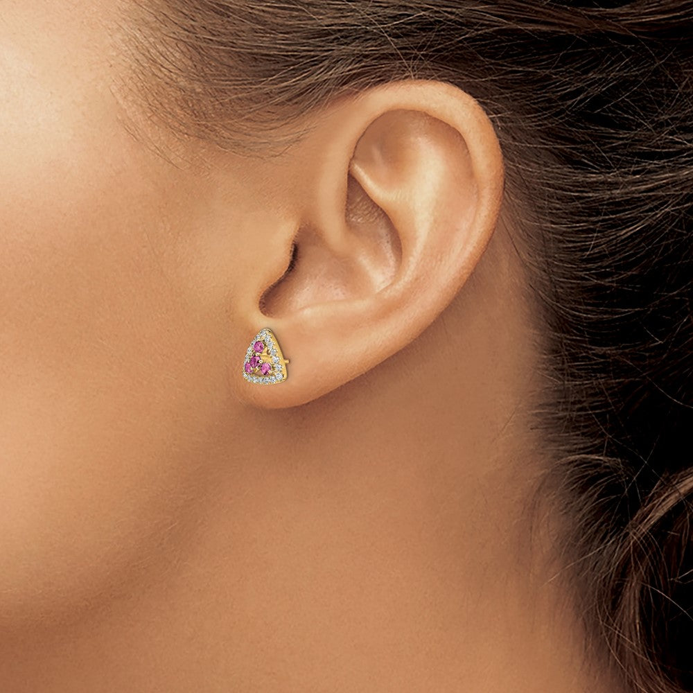 14k Yellow Gold Pure Serenity 3/8 Ct. Lab Grown Diamond VS/SI+ G+ and Lab Created Pink Sapphire Triangle Post Earrings