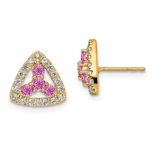 14k Yellow Gold Pure Serenity 3/8 Ct. Lab Grown Diamond VS/SI+ G+ and Lab Created Pink Sapphire Triangle Post Earrings