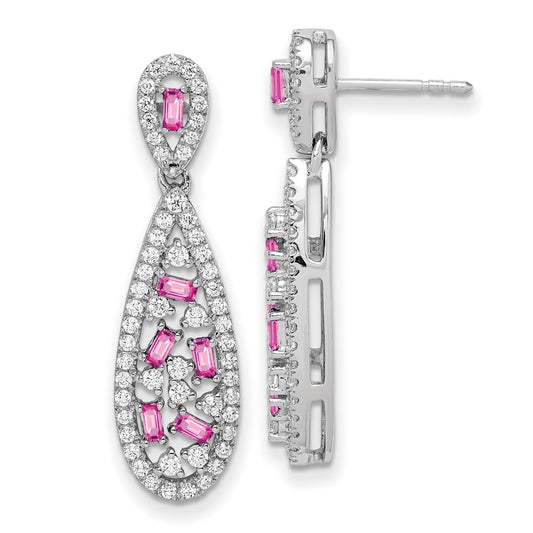 Pure Serenity 14k White Gold 1 carat Lab Grown Diamond VS/SI+ G+ and Lab Created Pink Sapphire Dangle Teardrop Post Earrings