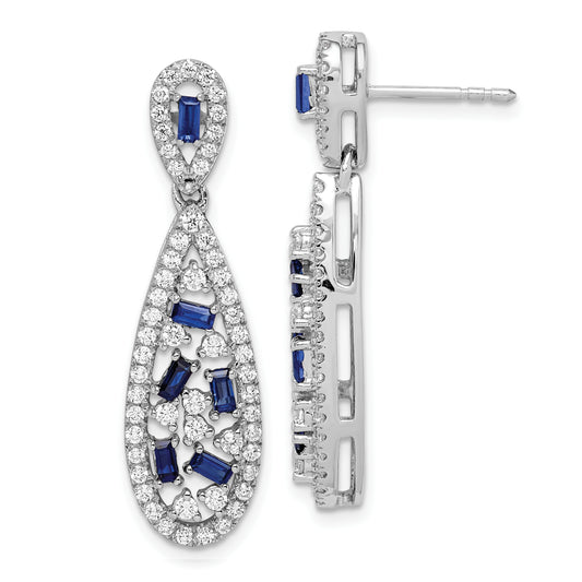 14k White Gold 1 Ct. Lab Grown Diamond VS/SI+ G+ and Created Sapphire Dangle Teardrop Post Earrings