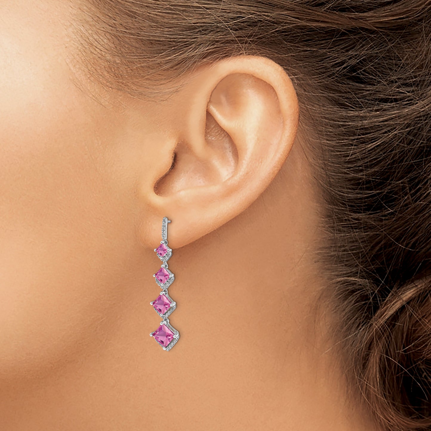 14k White Gold 1/3 Ct. Lab Grown Diamond VS/SI+ G+ and Lab Created Pink Sapphire Dangle Post Earrings