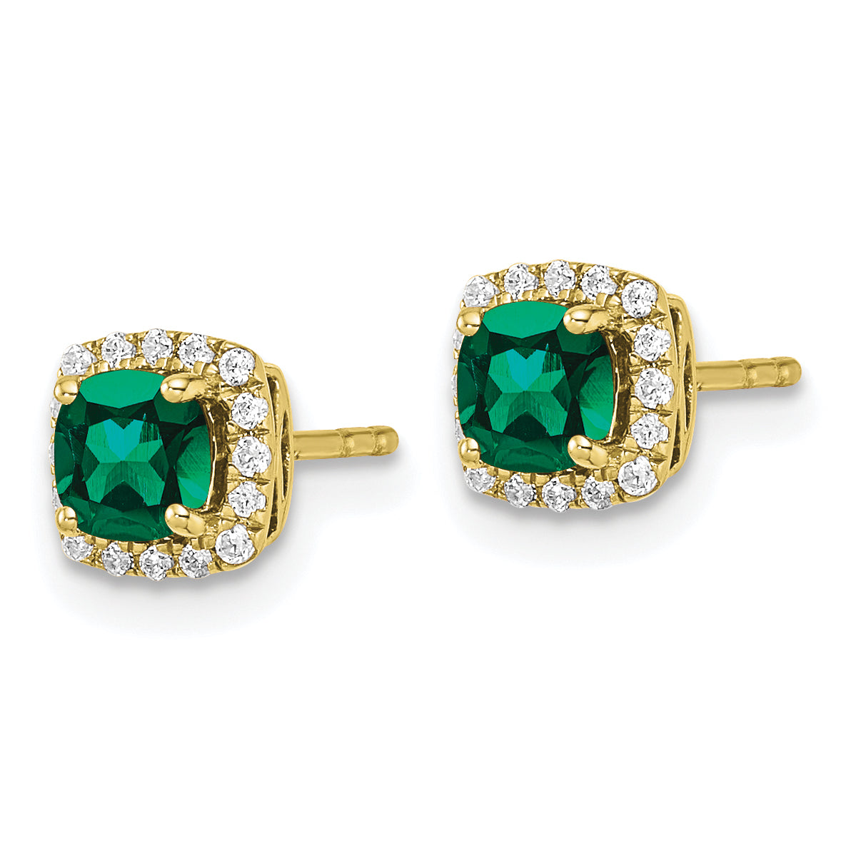 10k Yellow Gold 1/10 Ct. Lab Grown Diamond VS/SI+ G+ and Created Emerald Square Halo Post Earrings